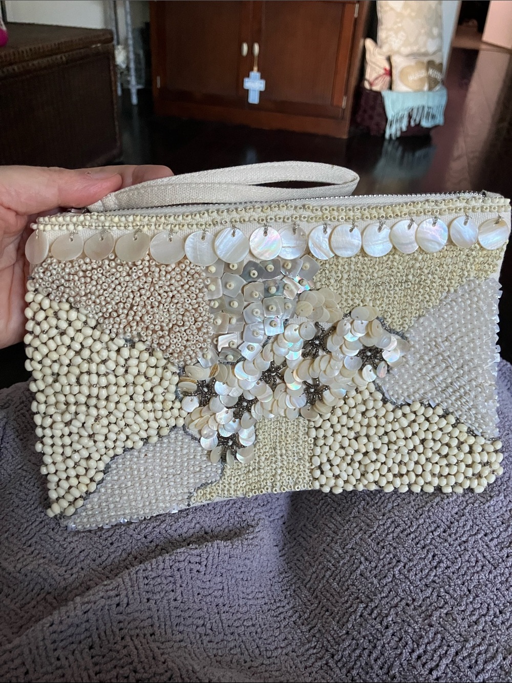 Chico's Ivory Beaded Sequin Wristlet Clutch